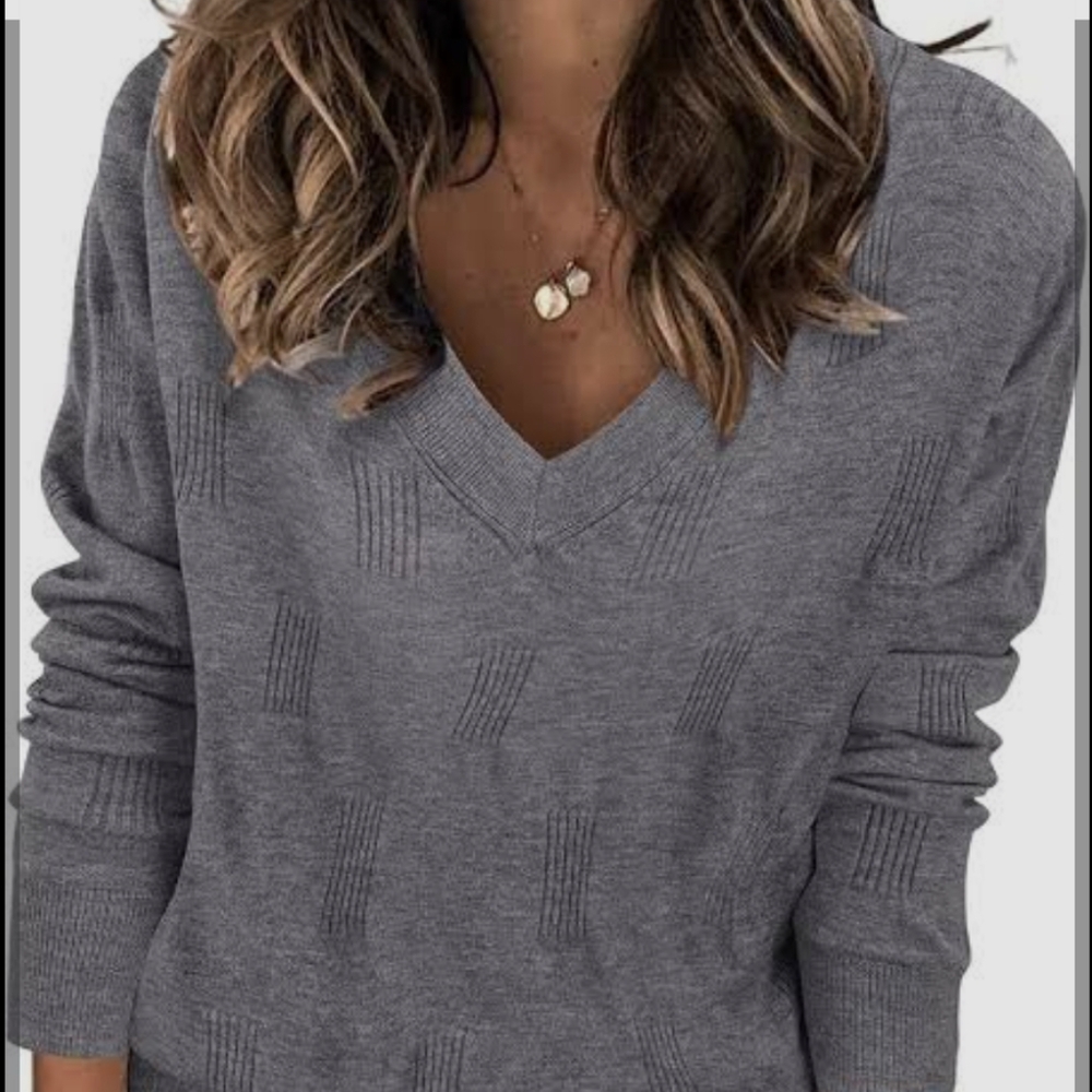 Arach&Cloz V Neck Long Sleeve Shirt Knit Casual Pullover Top